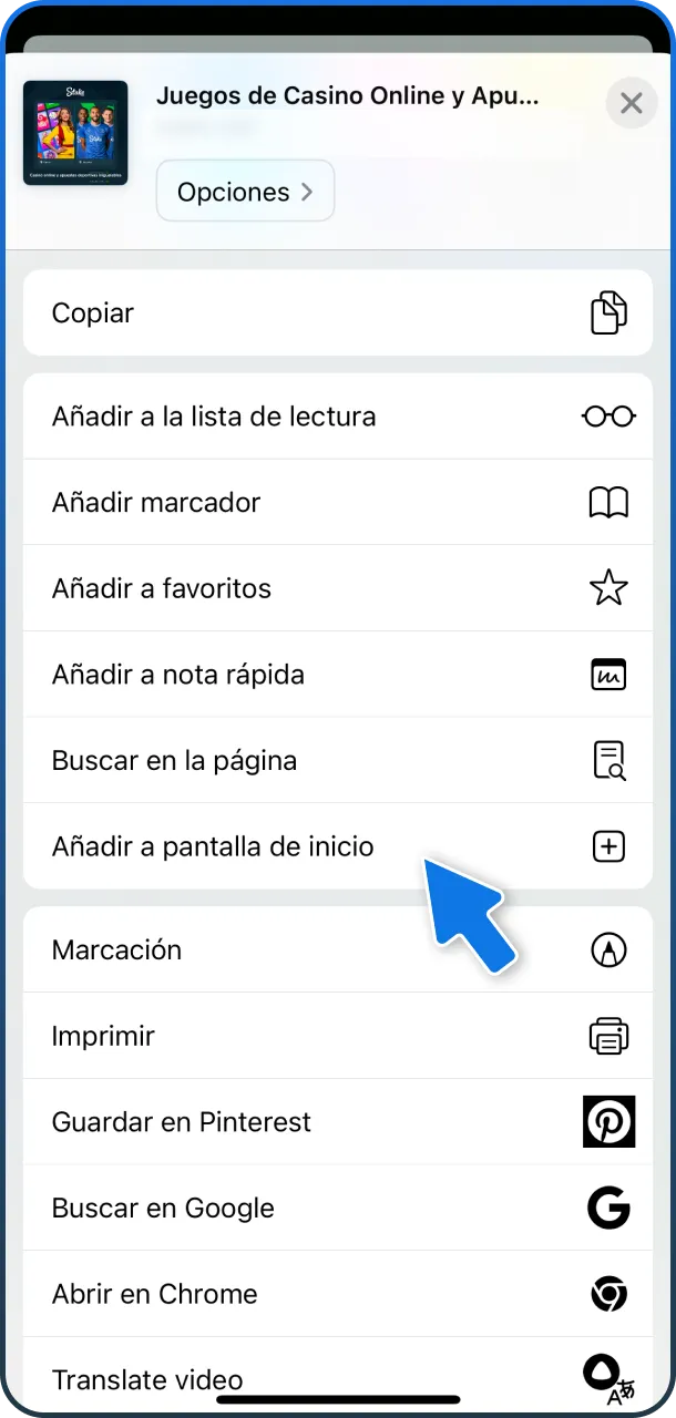 Añade un acceso a la pantalla de inicio para Stake Aviator.