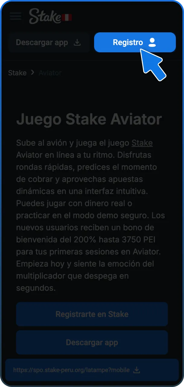 Regístrate o accede a tu cuenta para jugar Stake Aviator en Perú.