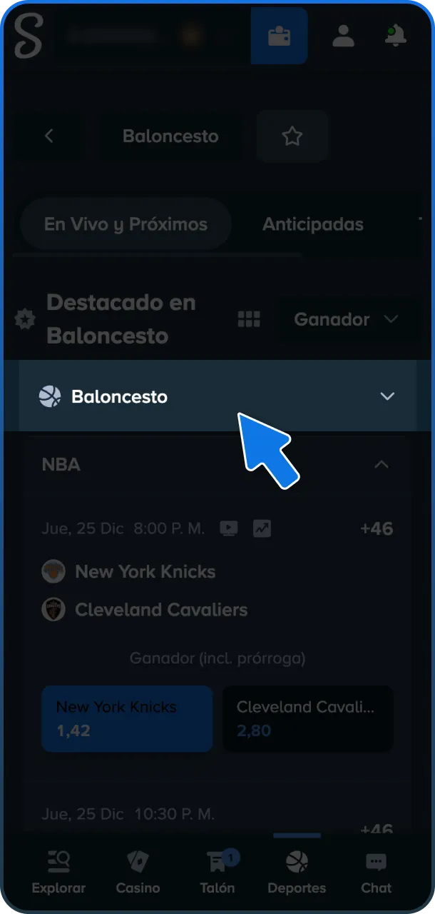 Elige baloncesto y haz una apuesta en Stake.