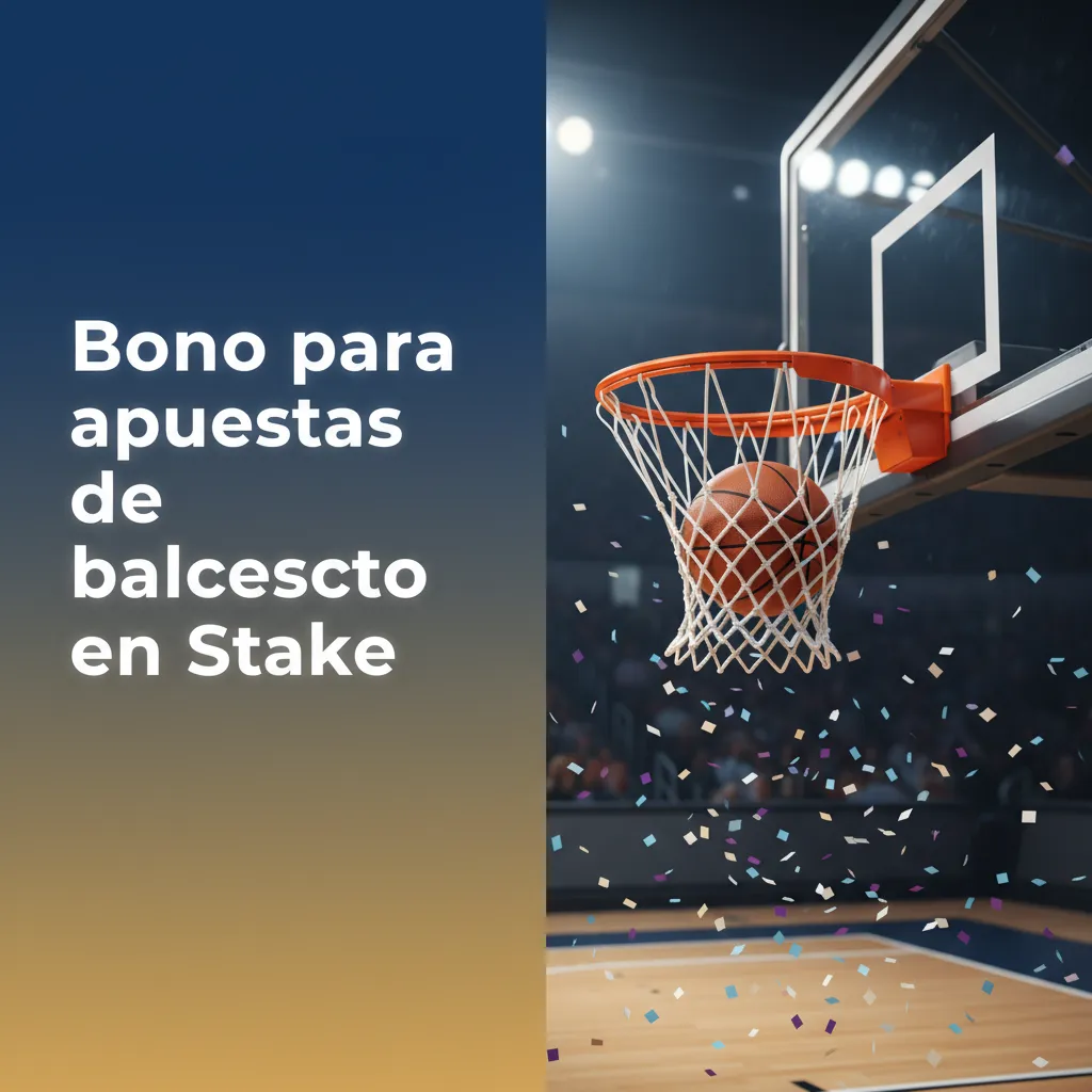 Banner de bono de bienvenida para apuestas de baloncesto en Stake con balón, cancha y texto sobre requisitos en Perú