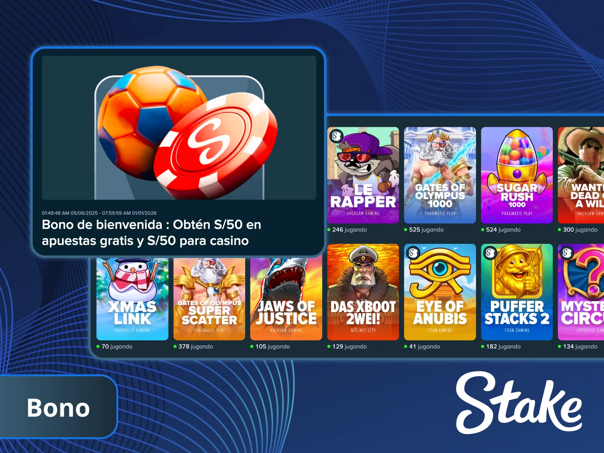 Aprovecha el Bono de bienvenida del casino en Stake y empieza a ganar.