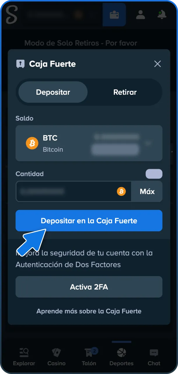 Deposita en cripto o soles para empezar a apostar en Stake casino.