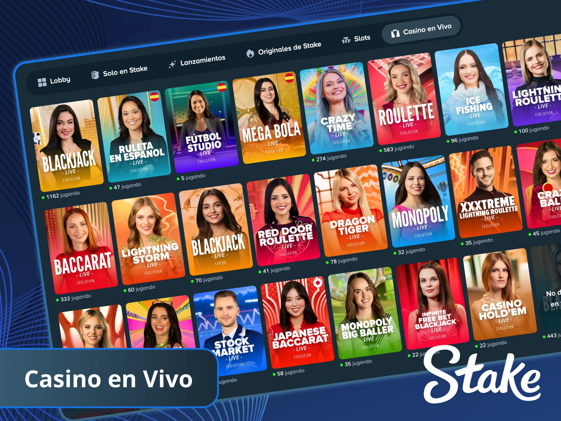 Vive la emoción del Casino en vivo de Stake con crupieres reales.