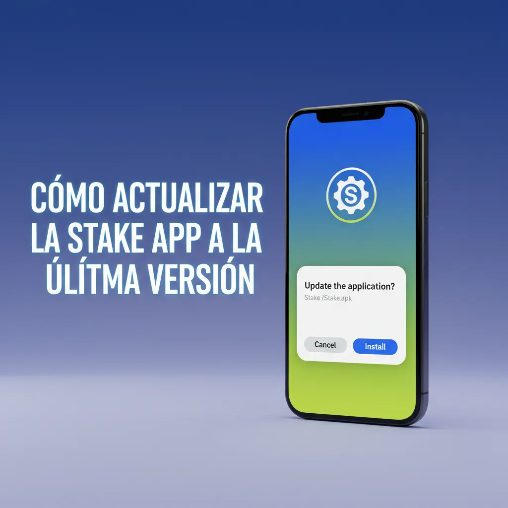 Ilustración de móvil con ícono de Stake y flechas de actualización, PWA siempre al día.