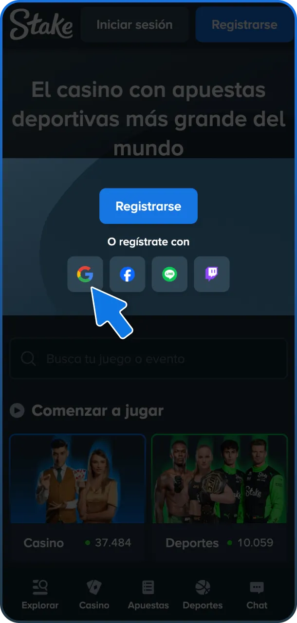 Elige cualquier método de registro para ganar en Stake.