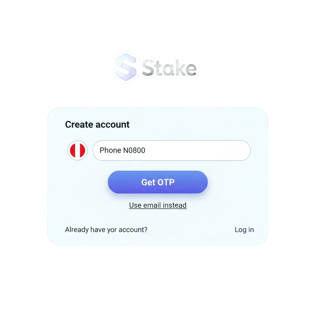Pantalla de Stake Perú con opciones de registro, inicio de sesión y verificación; bono 200% hasta 3750 PEI