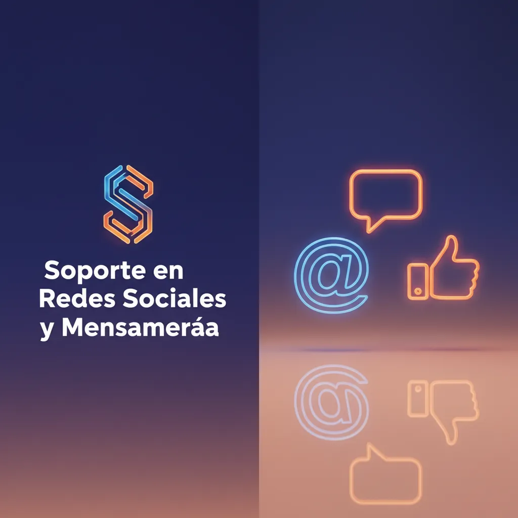 Gráfico de soporte en redes: avisos y orientación; cuentas por chat/correo. X, Telegram, Facebook, Instagram; sin WhatsApp.