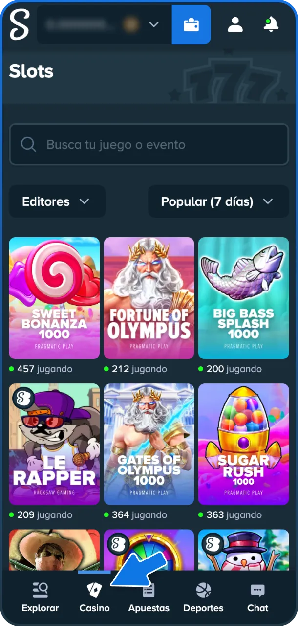 Abre el Lobby de Casino para explorar el catálogo completo de Stake.