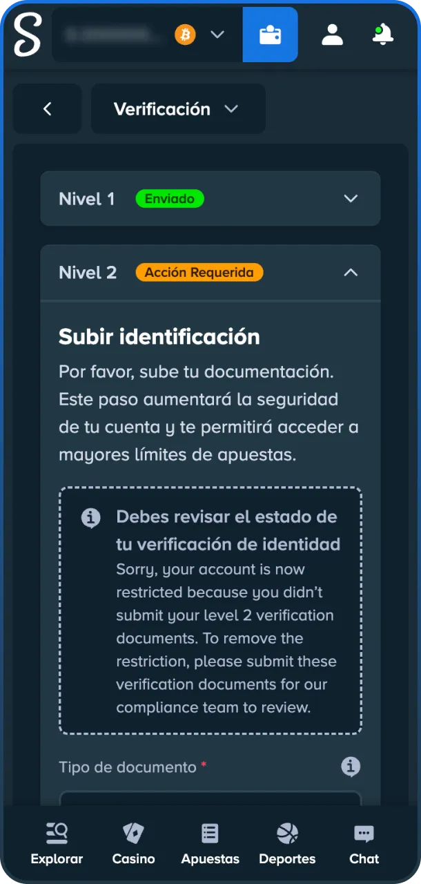 Verifica tu Cuenta en Stake para habilitar todas las funciones de tragamonedas.