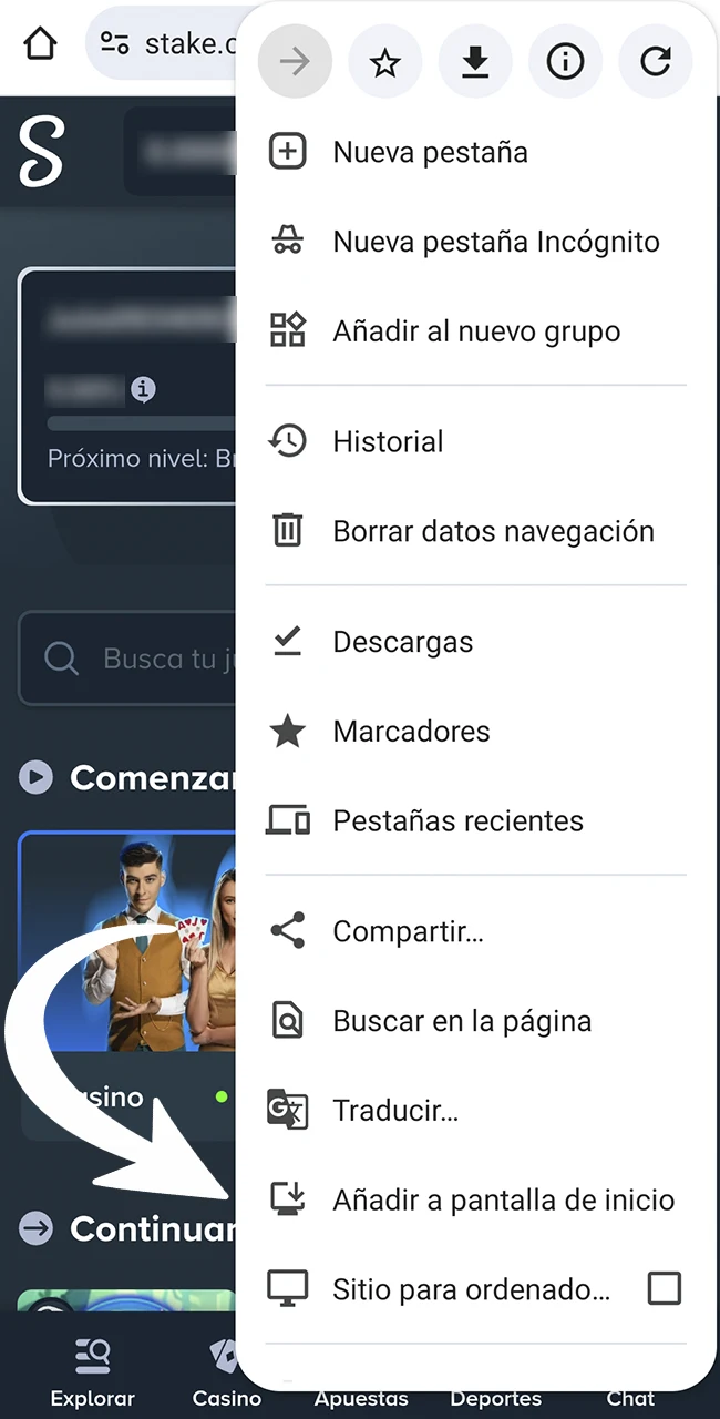 Creá un acceso directo móvil desde el sitio oficial Stake Perú.