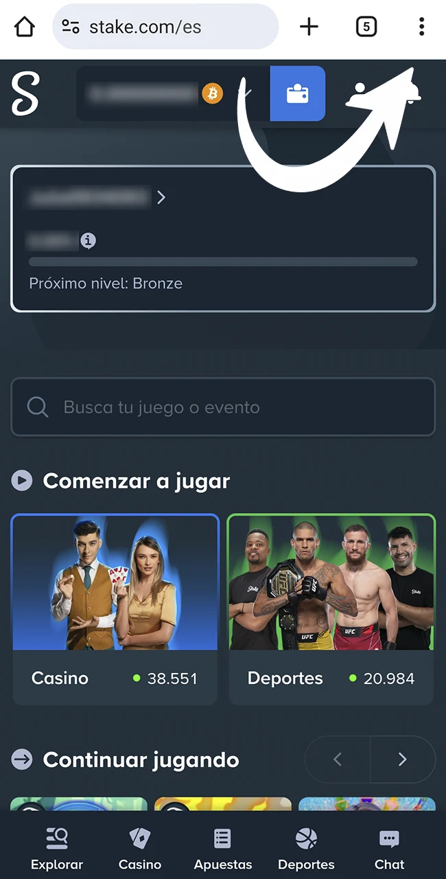 Iniciá la instalación de la app en el sitio oficial Stake.