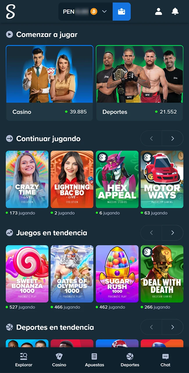 Explorá la pantalla principal del sitio oficial Stake Perú para jugar hoy.