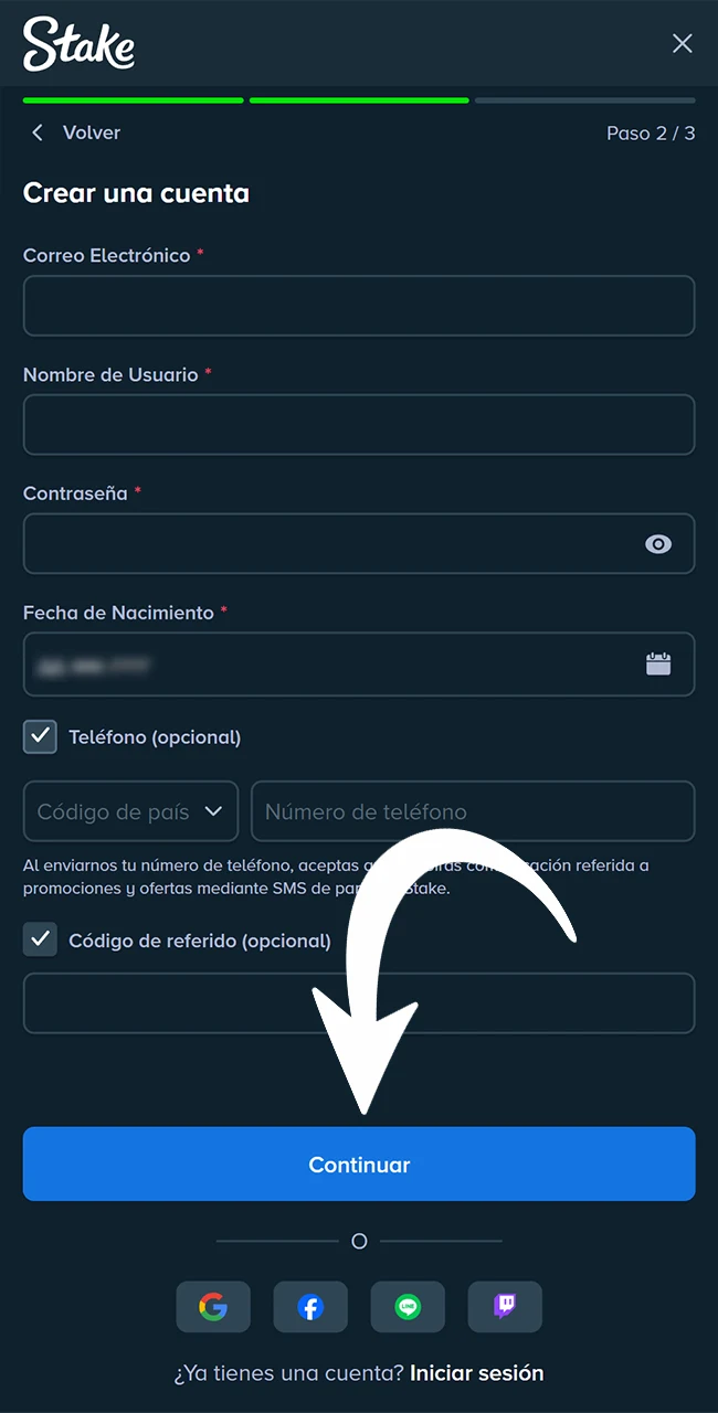 Ingresá tus datos personales de forma segura en el sitio Stake.